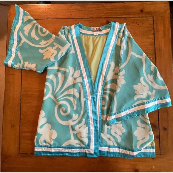 Randolph Duke SILK Open Front Short Kimono Blue Green Reversible Sz 8 Boho Artsy - Picture 2 of 13